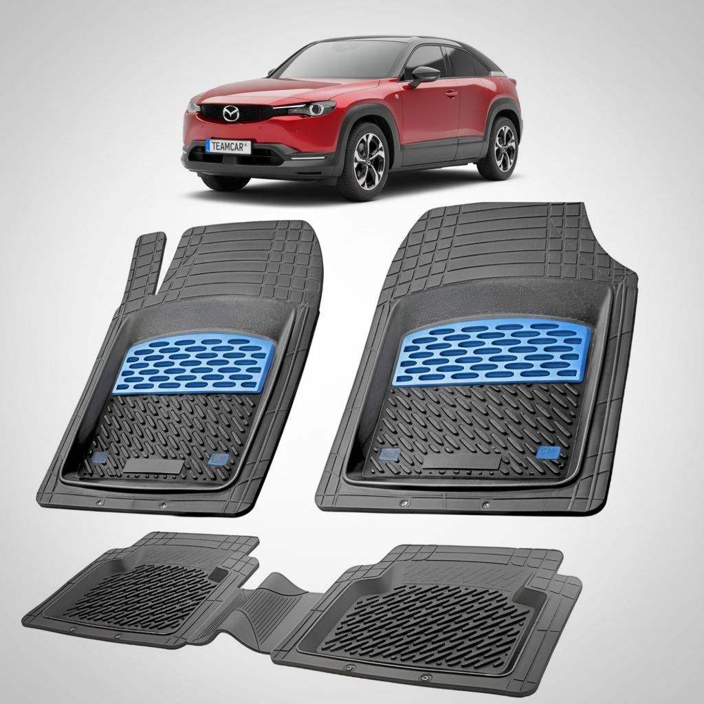 set de covorase din cauciuc negre cu accente albastre cu o mazda mx-30 dr suv ev r-ev rosu in fundal