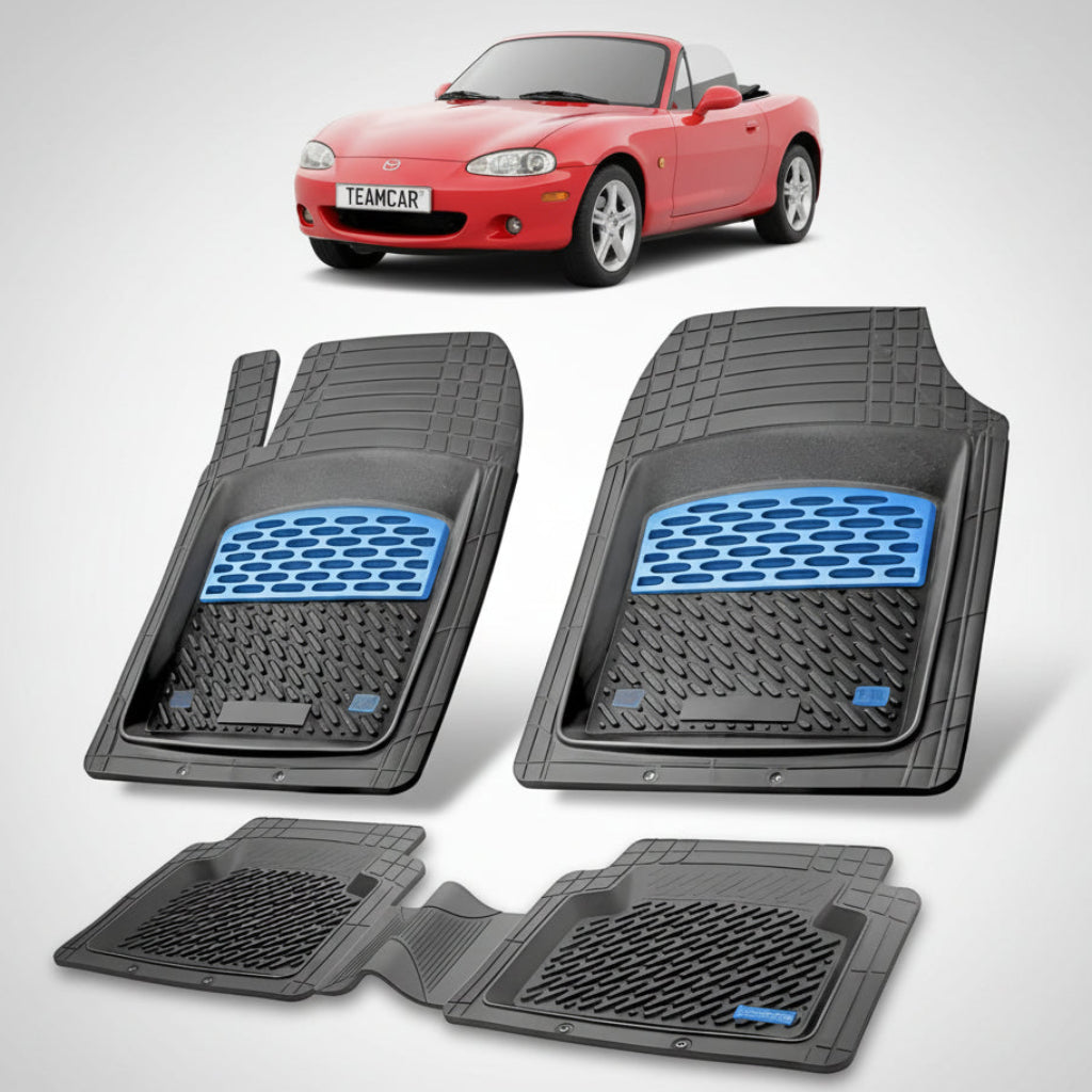 set de covorase din cauciuc negre cu accente albastre cu o mazda mx-5 nb facelift roadster rosie in fundal