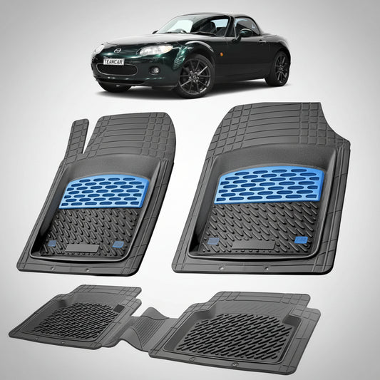 set de covorase din cauciuc negre cu accente albastre cu o mazda mx-5 nc hard top neagra in fundal