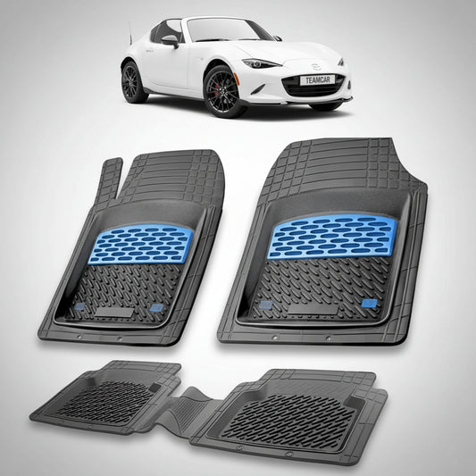 set de covorase din cauciuc negre cu accente albastre cu o mazda mx-5 nd facelift rf(targa) alba in fundal