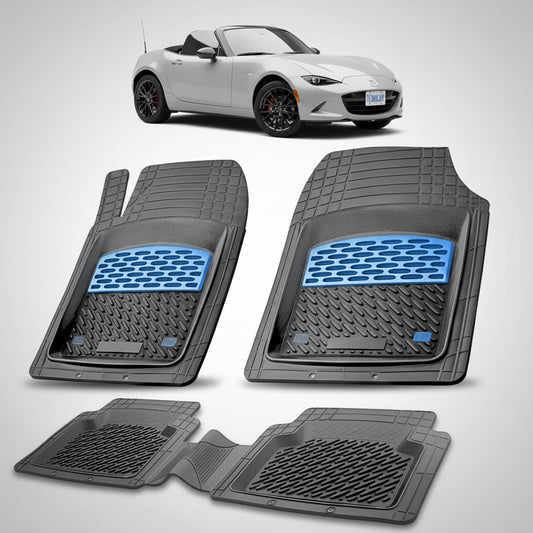 set de covorase din cauciuc negre cu accente albastre cu o mazda mx-5 nd facelift soft top gri in fundal