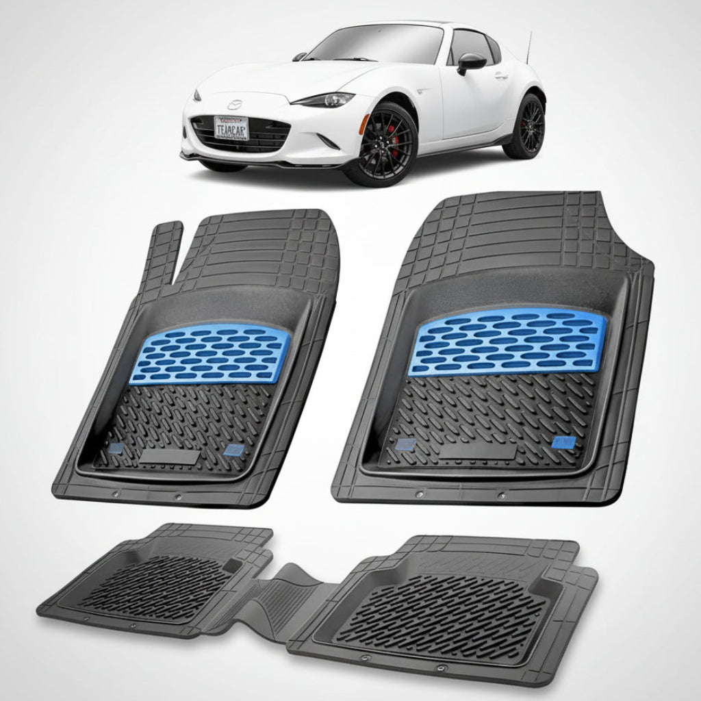 set de covorase din cauciuc negre cu accente albastre cu o mazda mx-5 nd rf targa alba in fundal