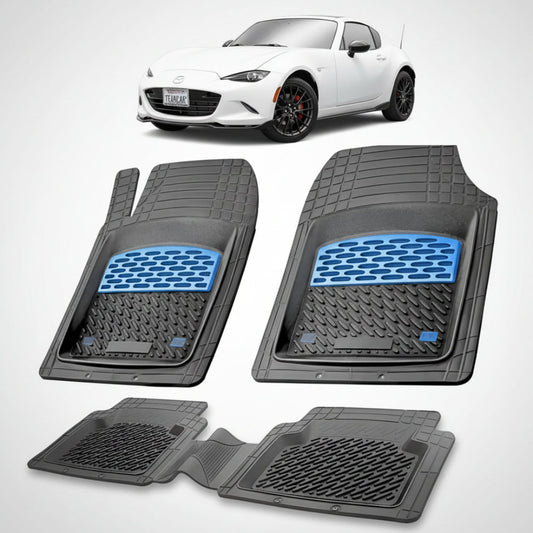 set de covorase din cauciuc negre cu accente albastre cu o mazda mx-5 nd rf targa alba in fundal
