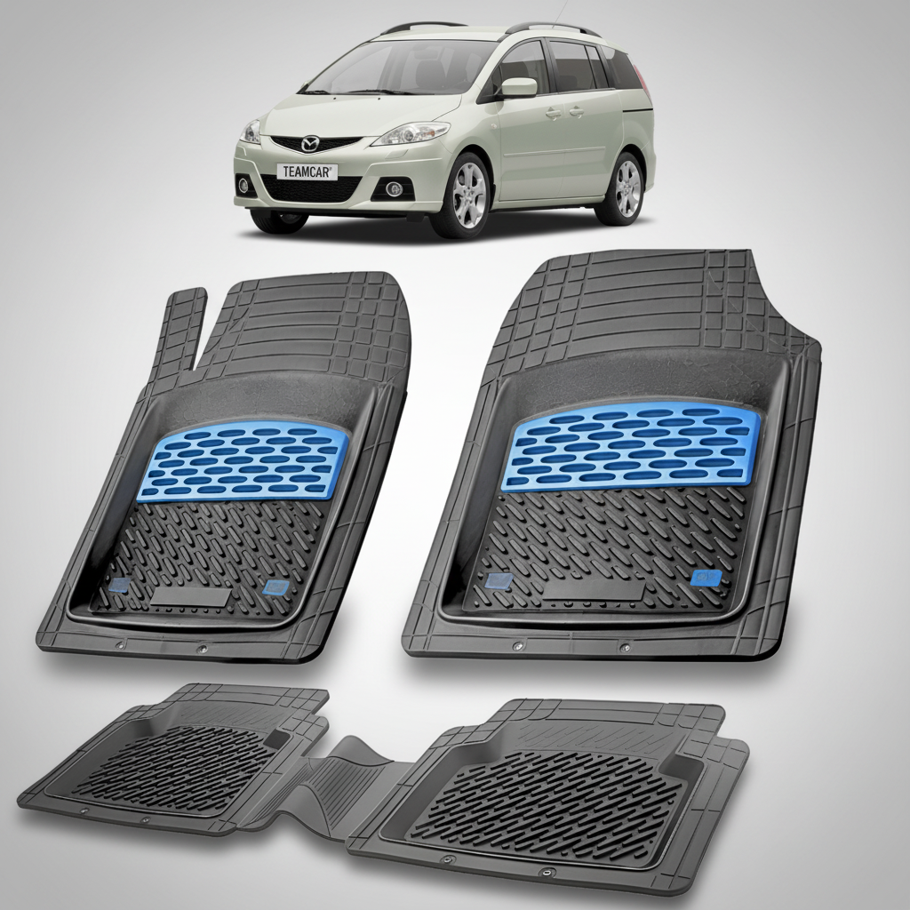 set de covorase din cauciuc negre cu accente albastre cu o mazda premacy ii bej in fundal