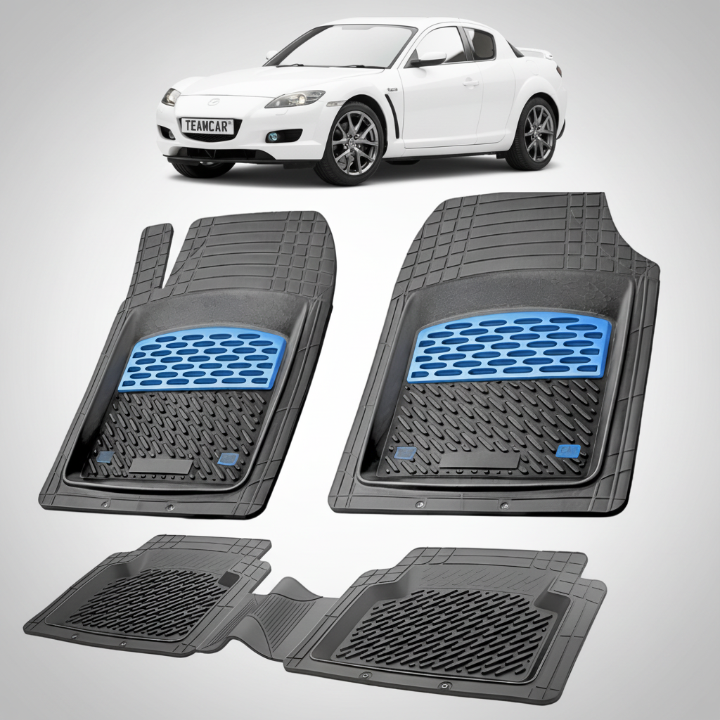 set de covorase din cauciuc negre cu accente albastre cu o mazda rx-8 I alba in fundal