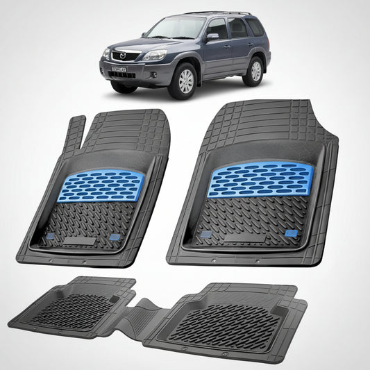 set de covorase din cauciuc negre cu accente albastre cu o mazda tribute ep facelift suv albastru-gri inchis metalizat in fundal