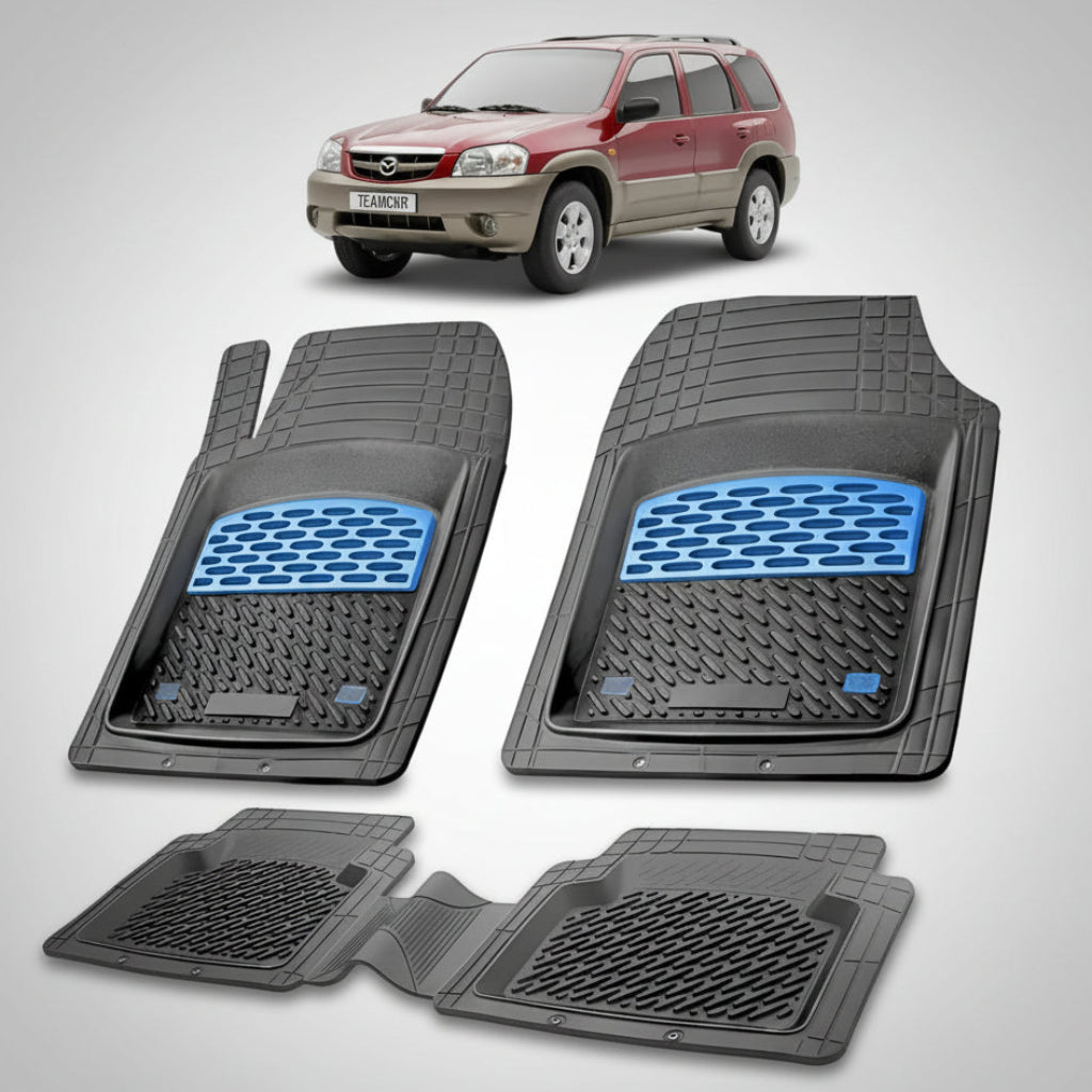 set de covorase din cauciuc negre cu accente albastre cu o mazda tribute ep suv rosu in fundal