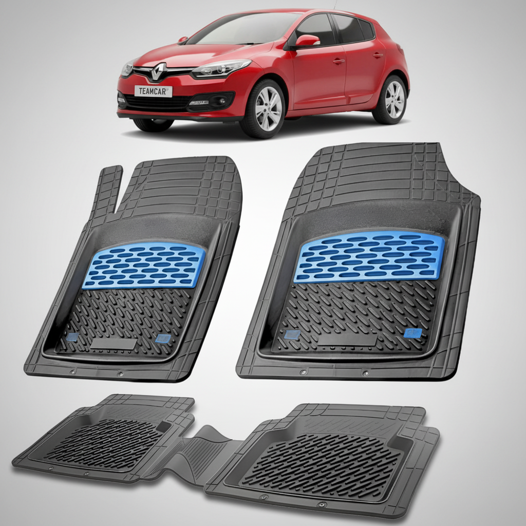 set de covorase din cauciuc negre cu accente albastre cu un renault megane iii hatchback rosie in fundal