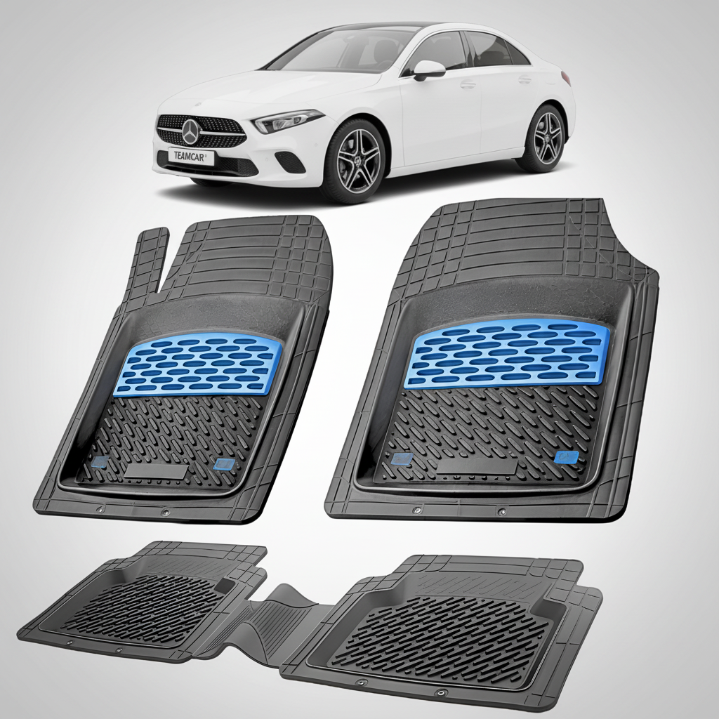 Set of car floor mats with a Mercedes-Benz car in the background