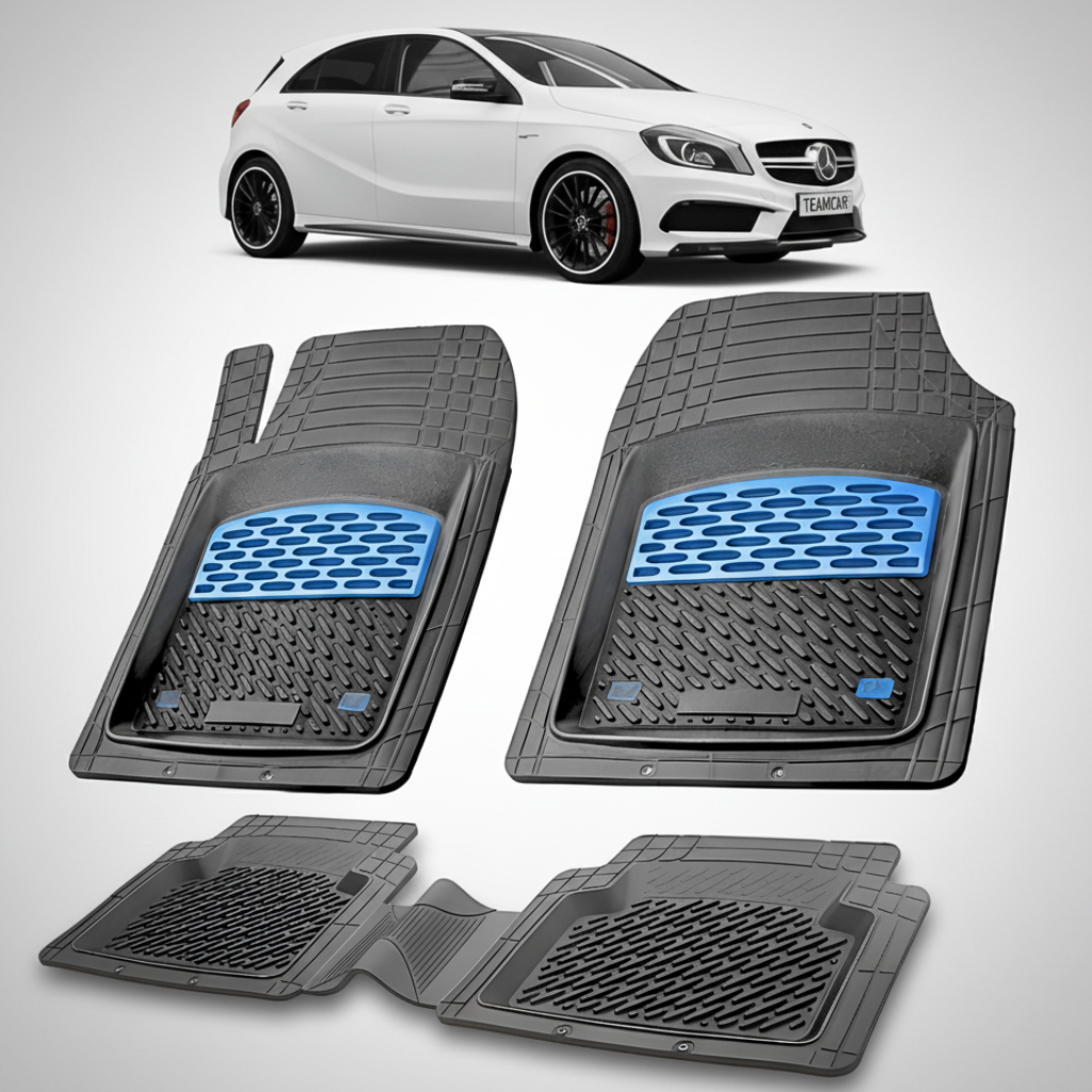 Set of car floor mats with blue accents on a white background, featuring a white Mercedes-Benz car.