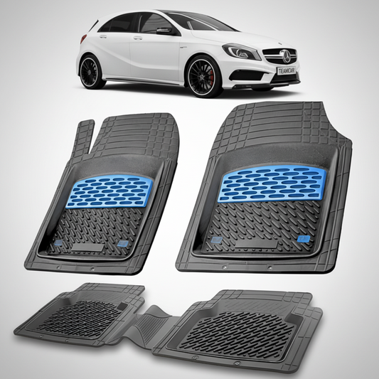 Set of car floor mats with blue accents on a white background, featuring a white Mercedes-Benz car.