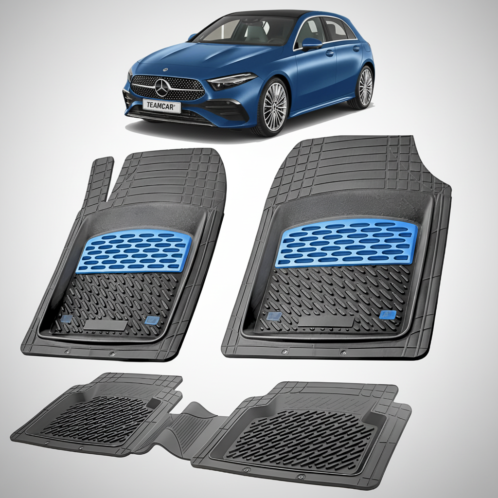 Set of car floor mats with a blue Mercedes-Benz logo in the background