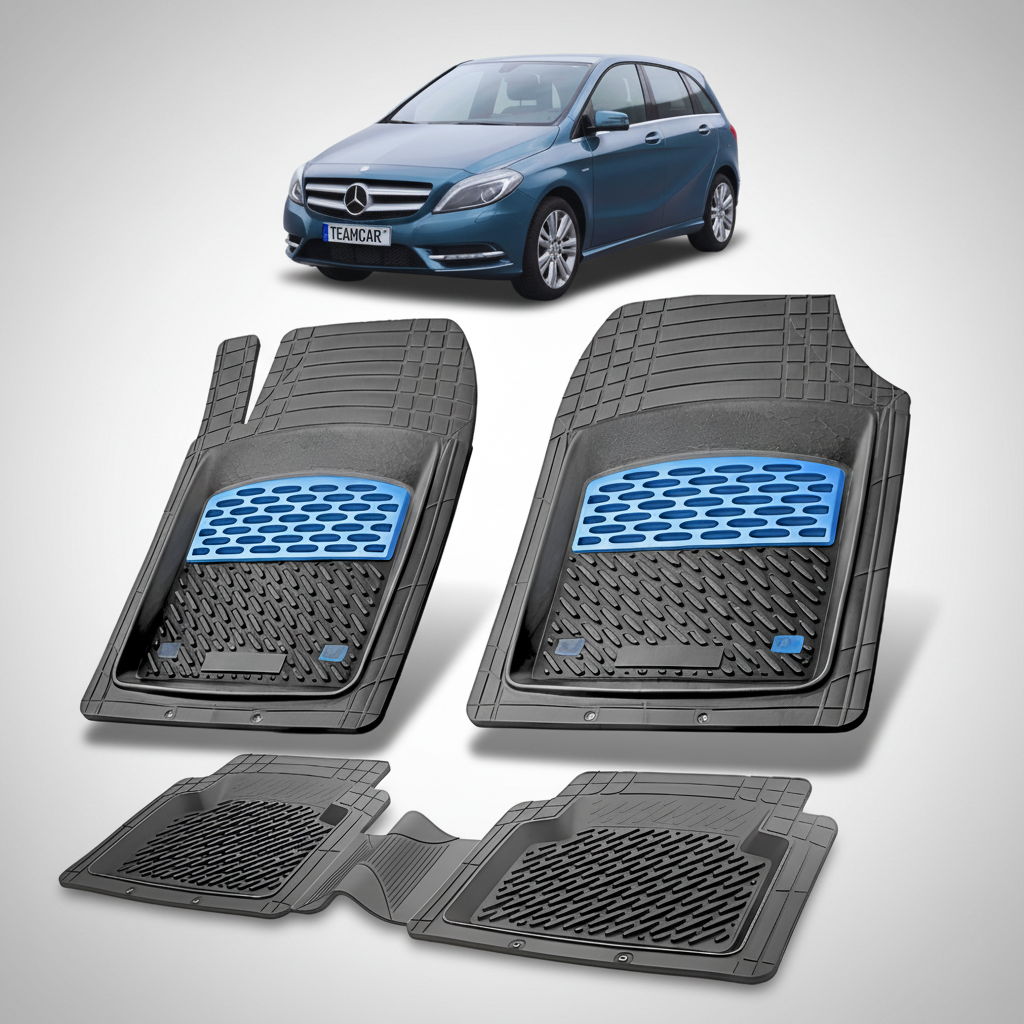 Set of car floor mats with a Mercedes-Benz car in the background