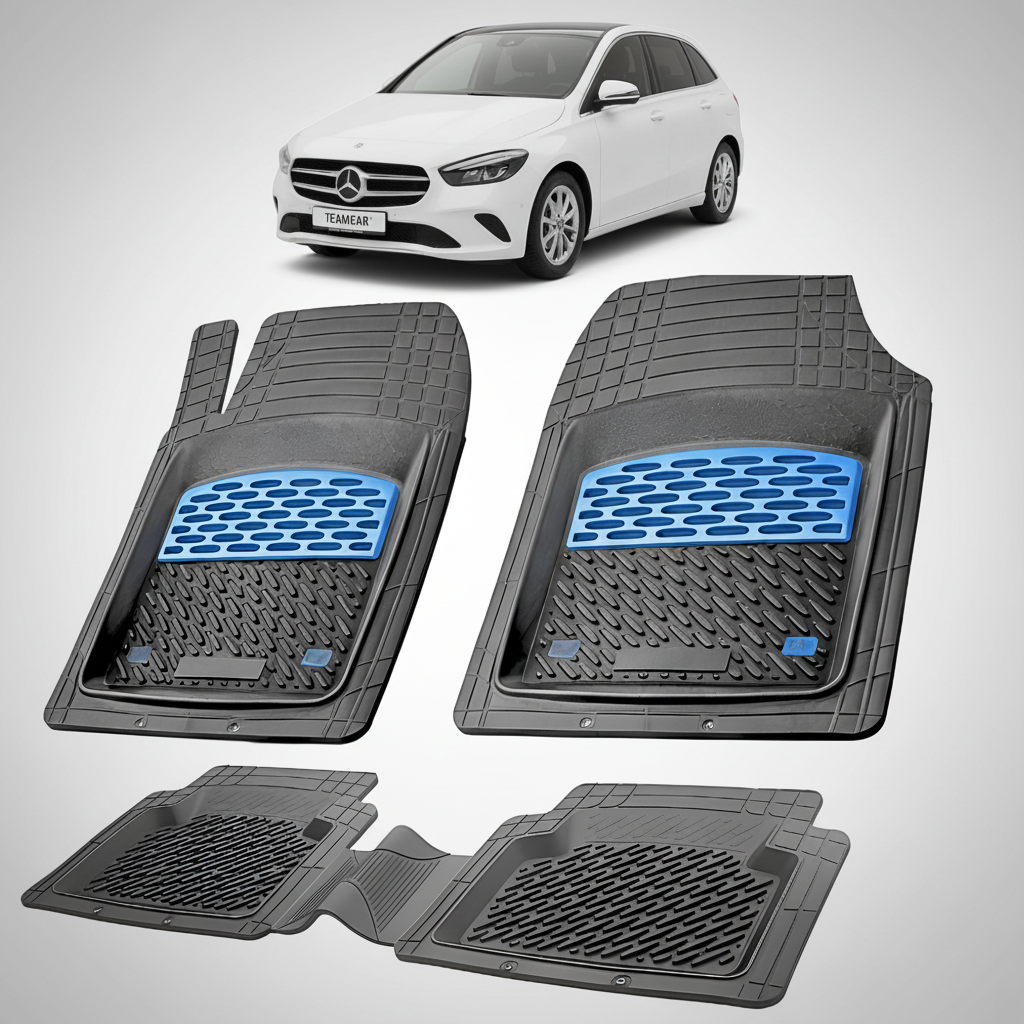 Set of car floor mats with a Mercedes-Benz car in the background