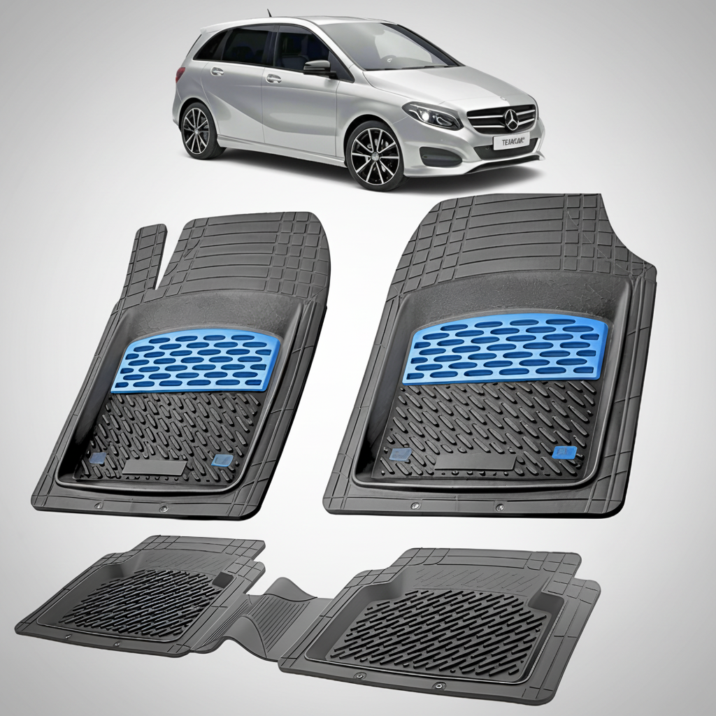 Set of car floor mats with a Mercedes-Benz car in the background