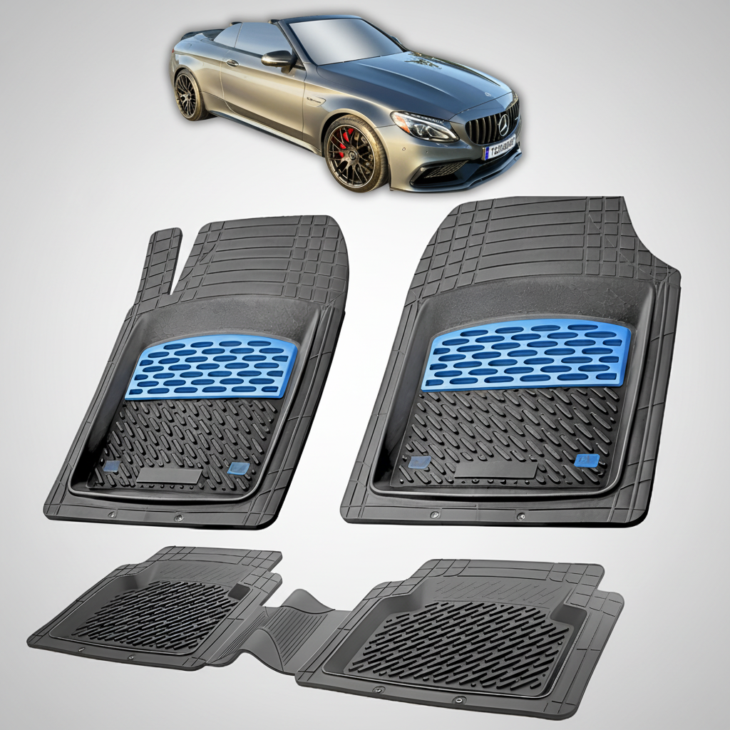 Set of car floor mats with a car in the background