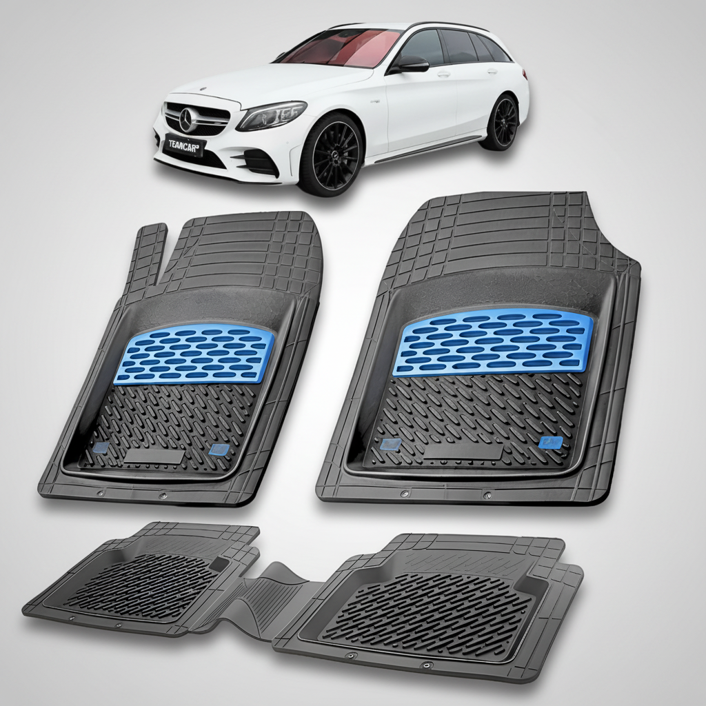 Set of black car floor mats with blue accents on a white background, featuring a white Mercedes-Benz car.