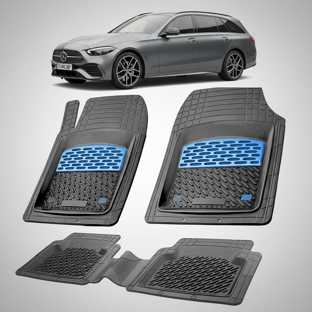 Set of car floor mats with a Mercedes-Benz car in the background