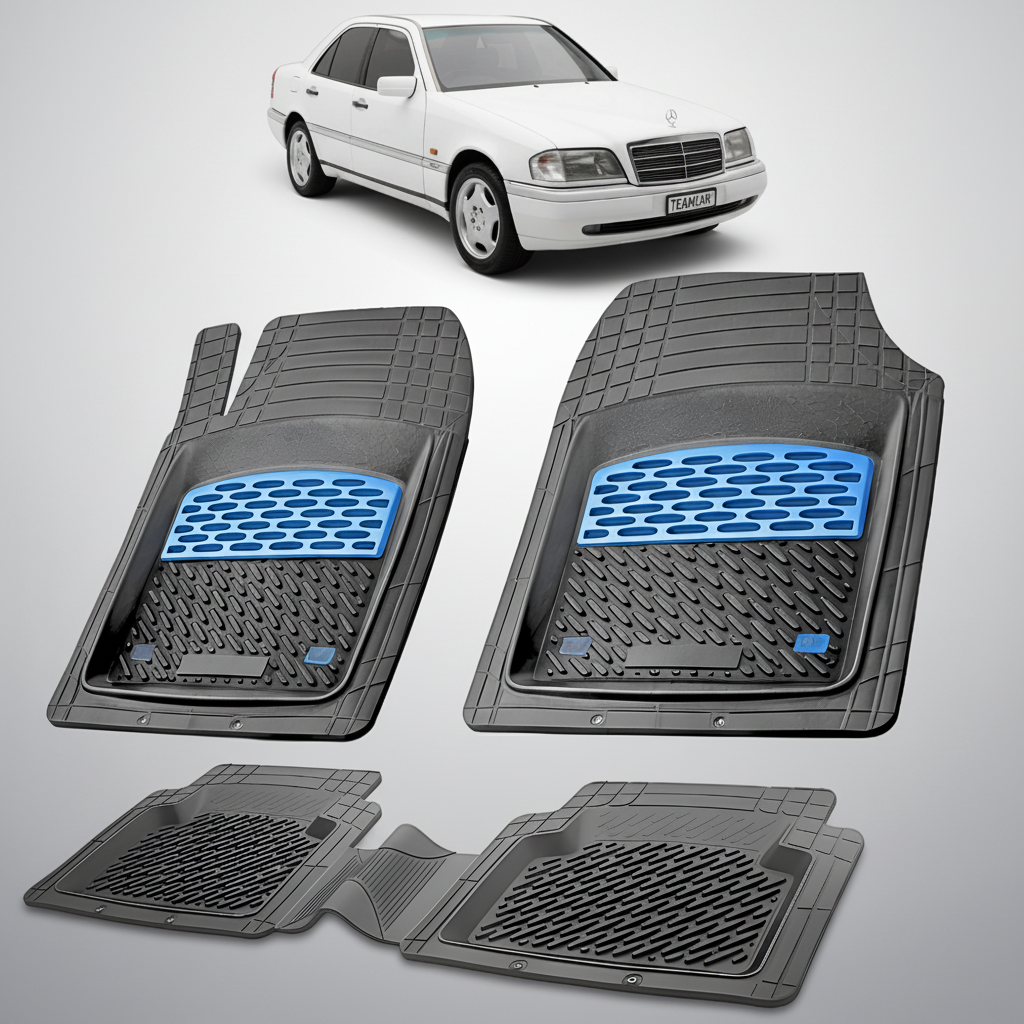 Set of car floor mats with a white car in the background
