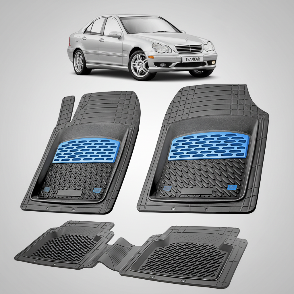 Set of car floor mats with blue accents on a white background, featuring a silver car at the top.