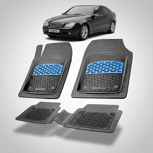 Set of car floor mats with blue accents on a white background, featuring a Mercedes-Benz car.