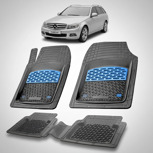 Set of car floor mats with blue accents on a white background, featuring a Mercedes-Benz car.