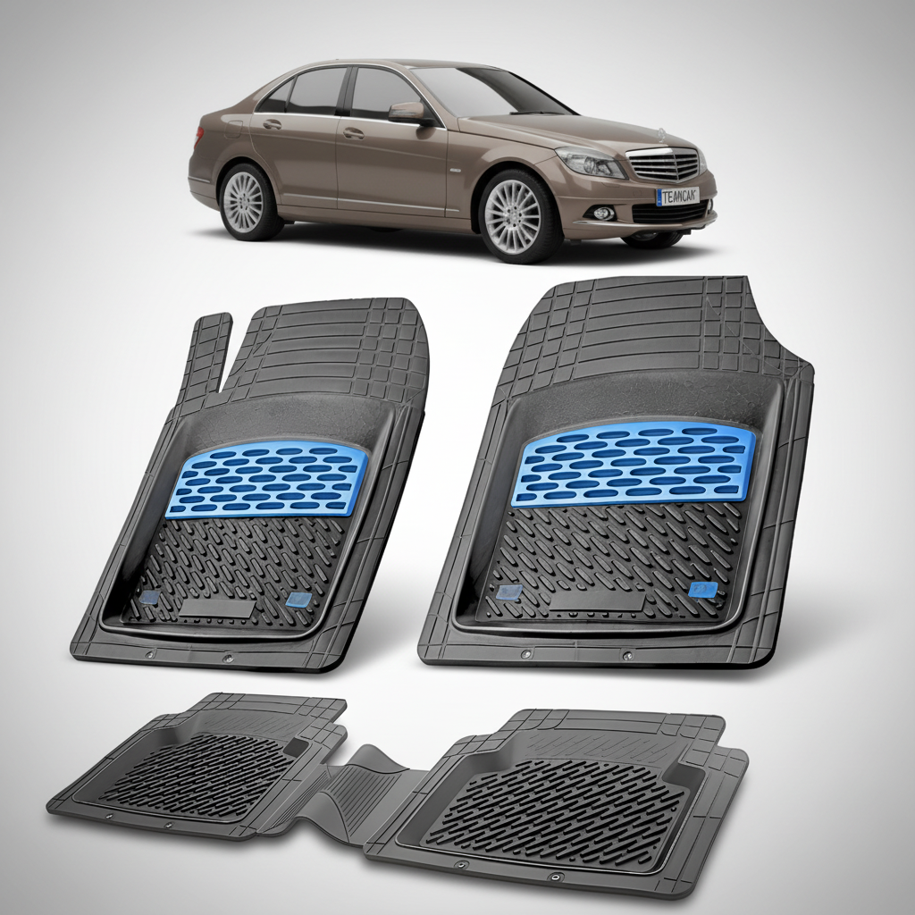 Set of car floor mats with a car in the background