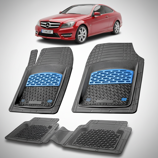Set of car floor mats with a red car in the background