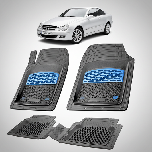 Set of car floor mats with blue accents on a white background, featuring a Mercedes-Benz car.