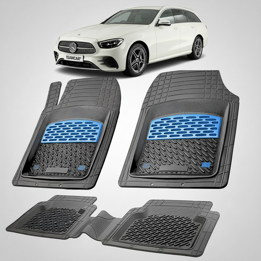 Set of car floor mats with a Mercedes-Benz car in the background