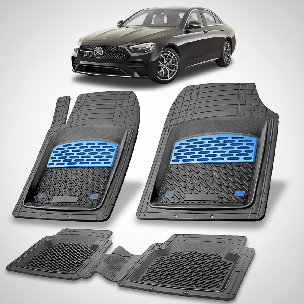 Set of car floor mats with a Mercedes-Benz car in the background