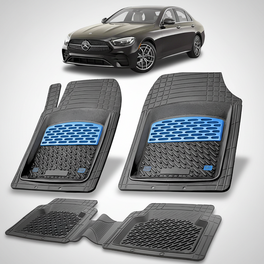 Set of car floor mats with a Mercedes-Benz car in the background