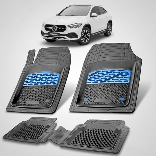 Set of car floor mats with a Mercedes-Benz GLC model in the background