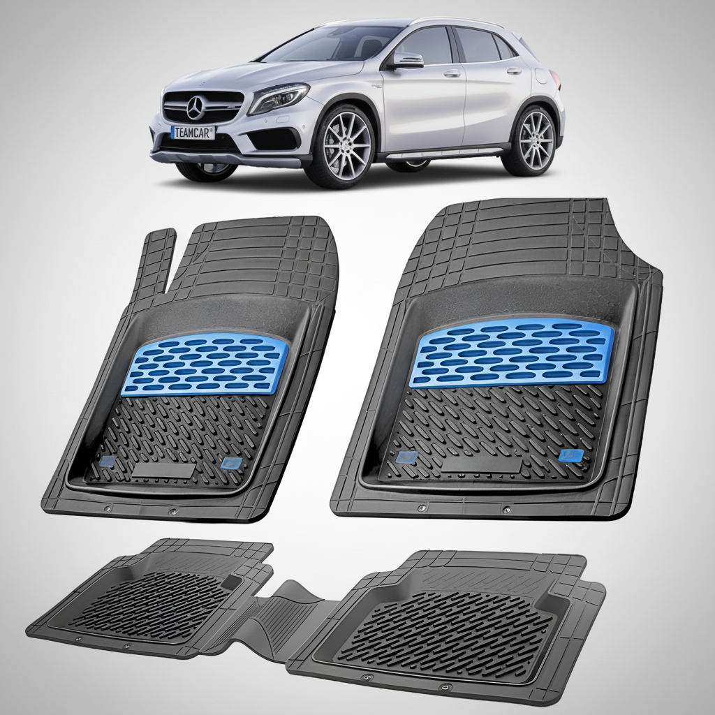 Set of car floor mats with a Mercedes-Benz GLA in the background