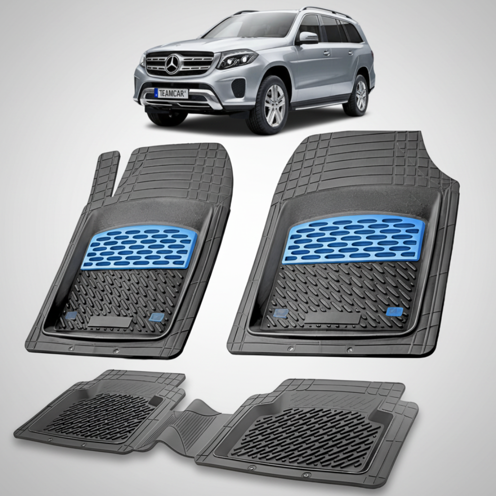 Set of car floor mats with Mercedes-Benz vehicle in the background