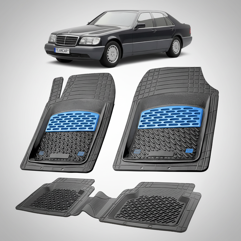 Set of car floor mats with a car in the background