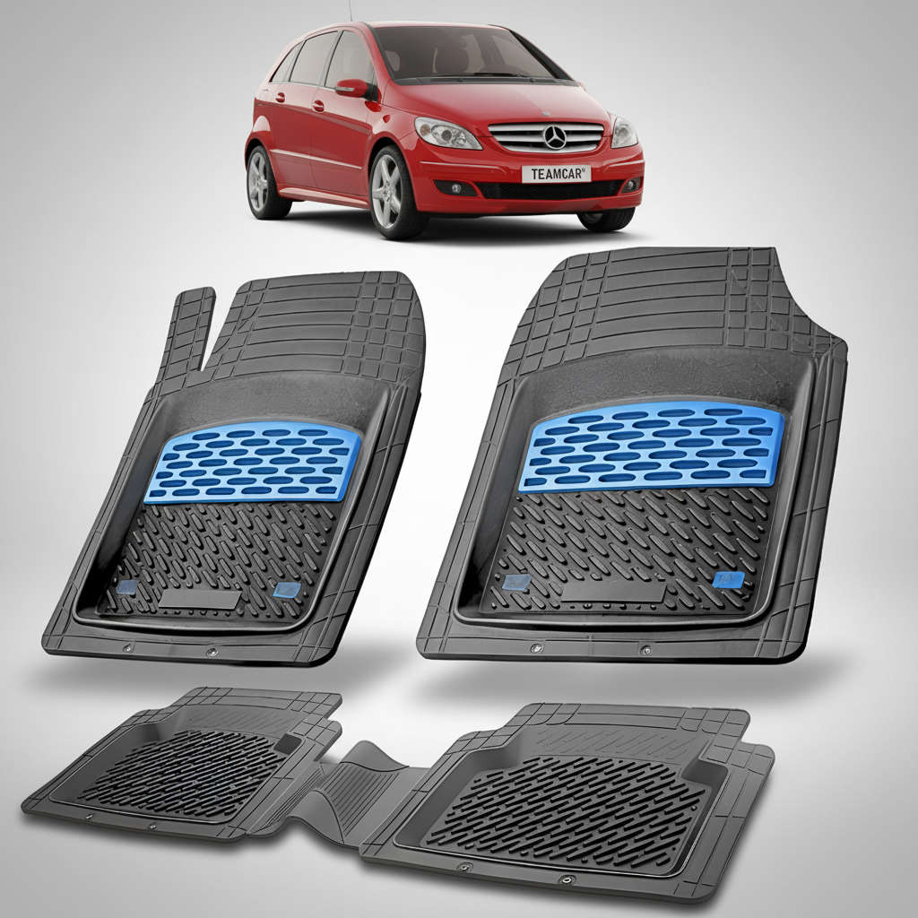 Set of car floor mats with a red car in the background