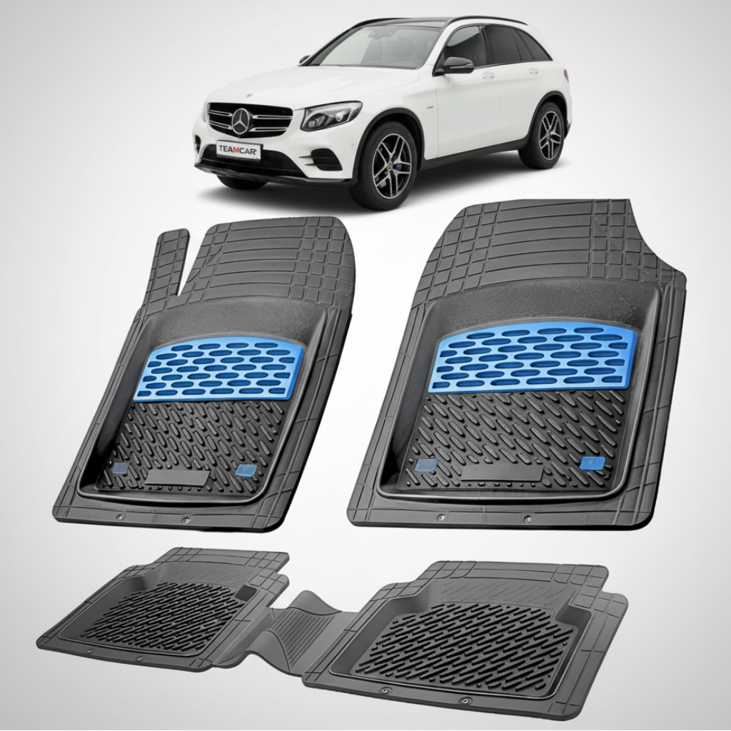 Set of car floor mats with blue accents on a white background, featuring a Mercedes-Benz GLC.