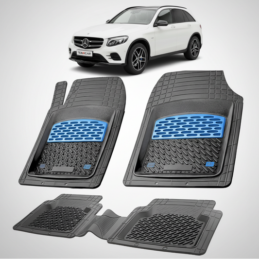 Set of car floor mats with blue accents on a white background, featuring a Mercedes-Benz GLC.