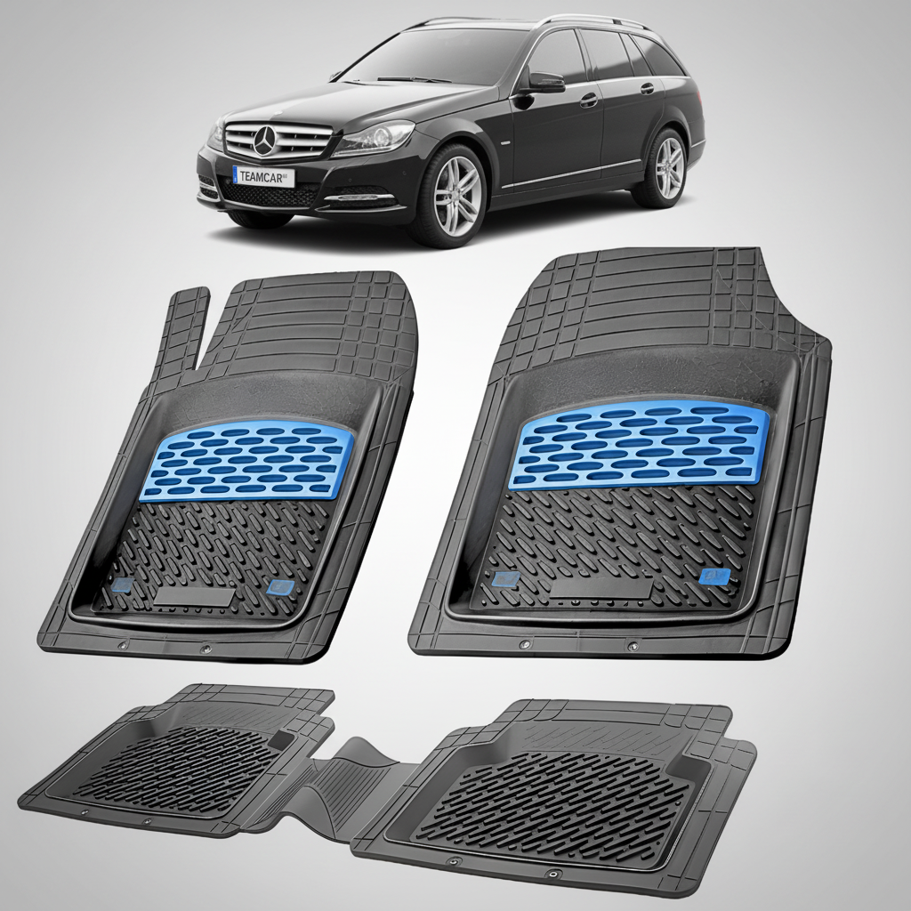 Set of car floor mats with a Mercedes-Benz car in the background