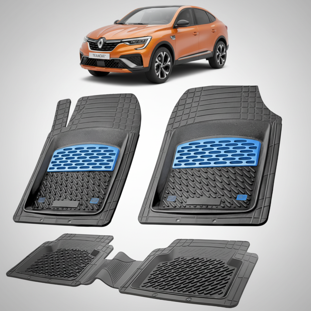 set de covorase din cauciuc negre cu accente albastre cu un renault arkana suv coupe portocaliu in fundal