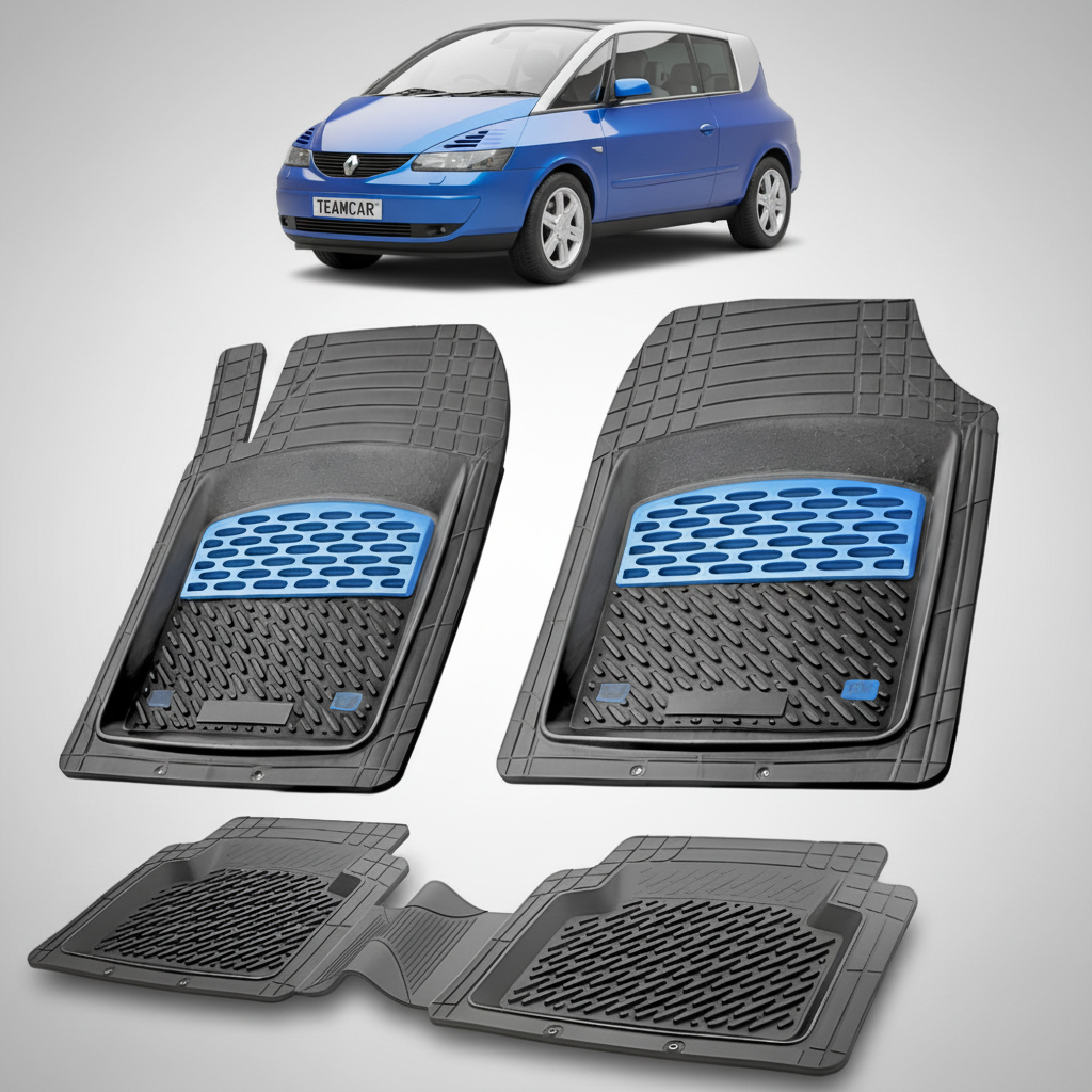 set de covorase din cauciuc negre cu accente albastre cu un renault avantime coupe-mpv albastru in fundal