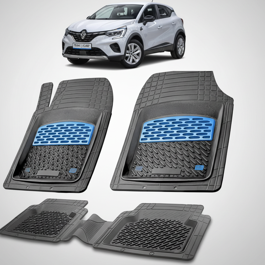 set de covorase din cauciuc negre cu accente albastre cu un renault captur ii suv gri in fundal