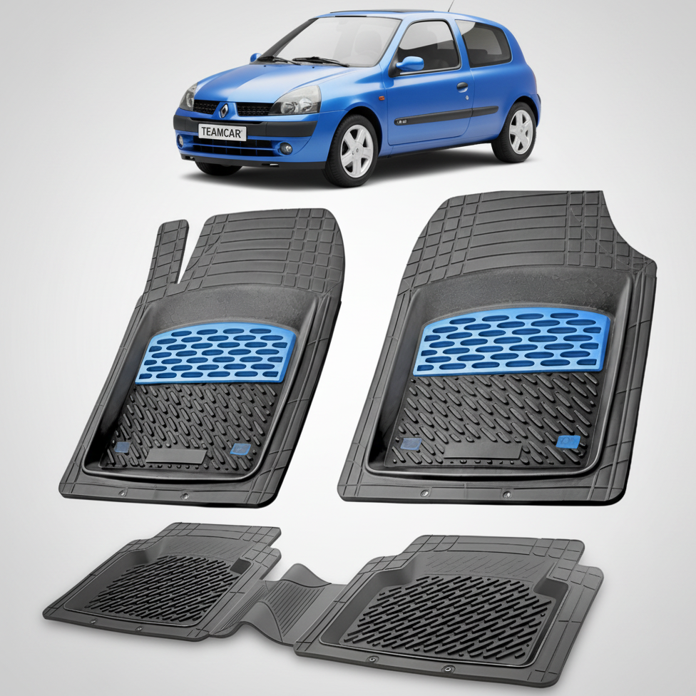 set de covorase din cauciuc negre cu accente albastre cu o renault clio ii hatchback albastru in fundal
