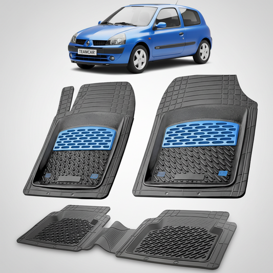 set de covorase din cauciuc negre cu accente albastre cu o renault clio ii hatchback albastru in fundal