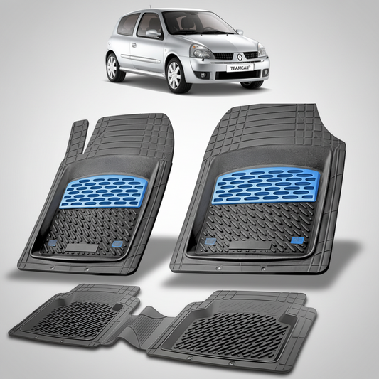 set de covorase din cauciuc negre cu accente albastre cu o renault clio ii hatchback argintie in fundal