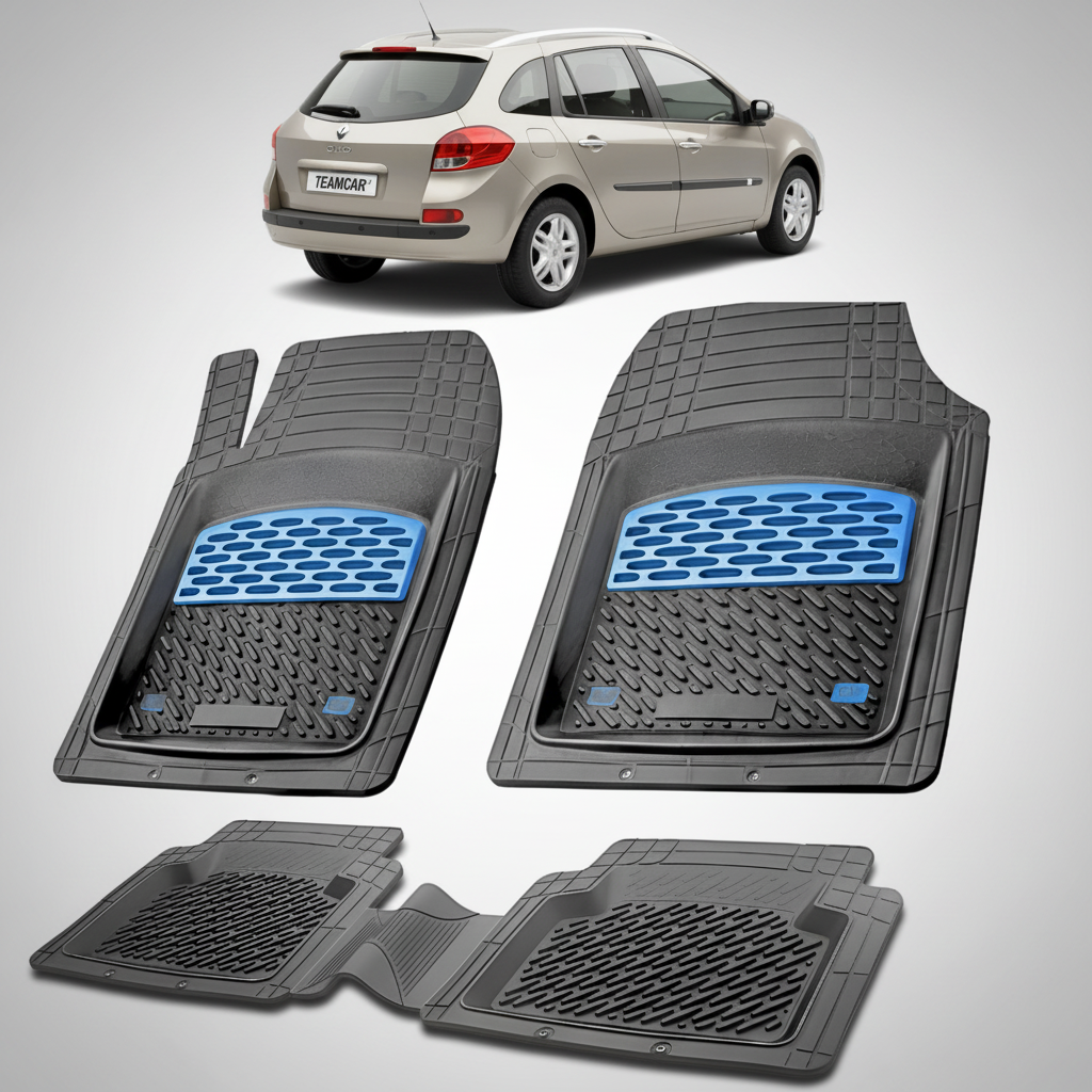 set de covorase din cauciuc negre cu accente albastre cu o renault clio iii estate bej in fundal