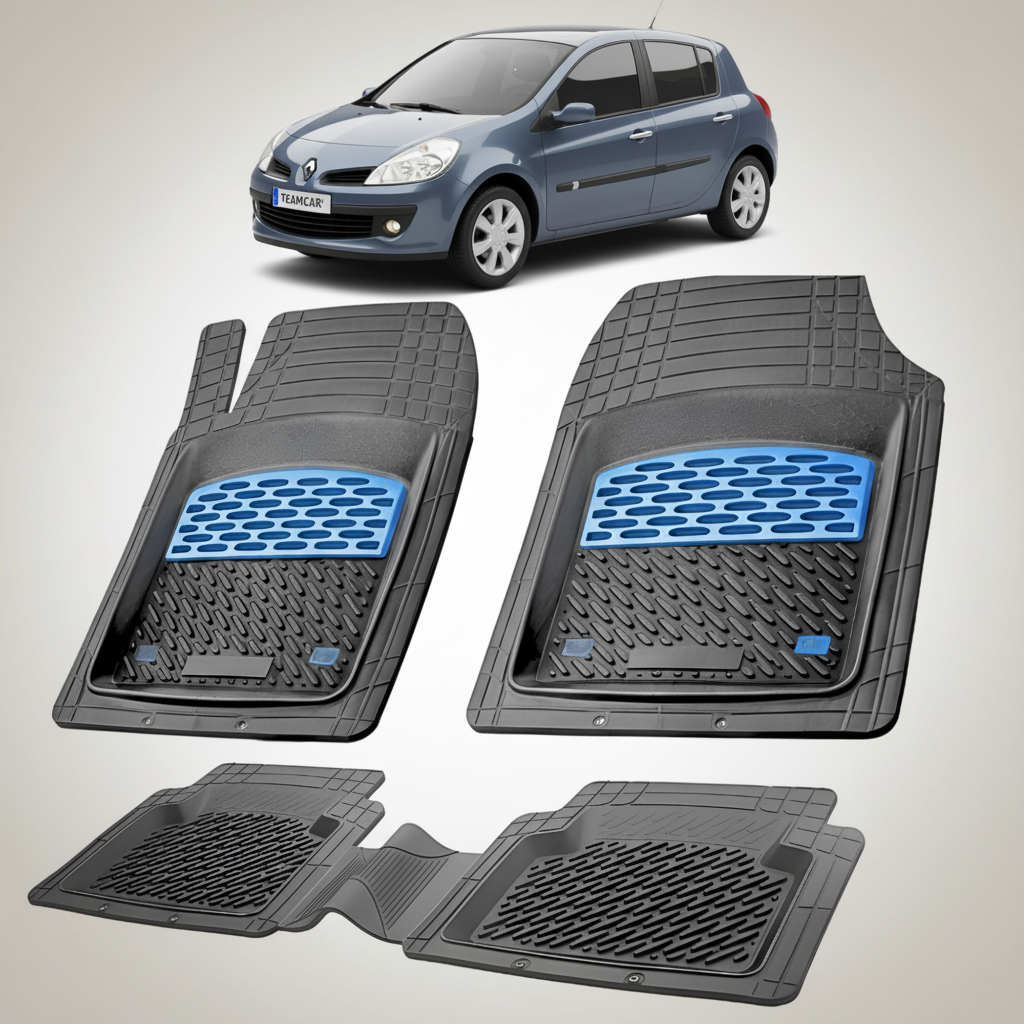 set de covorase din cauciuc negre cu accente albastre cu o renault clio iii hatchback albastra in fundal