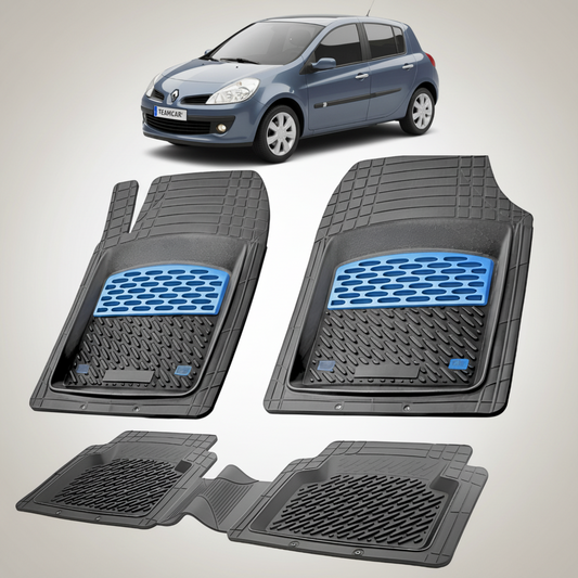 set de covorase din cauciuc negre cu accente albastre cu o renault clio iii hatchback albastra in fundal
