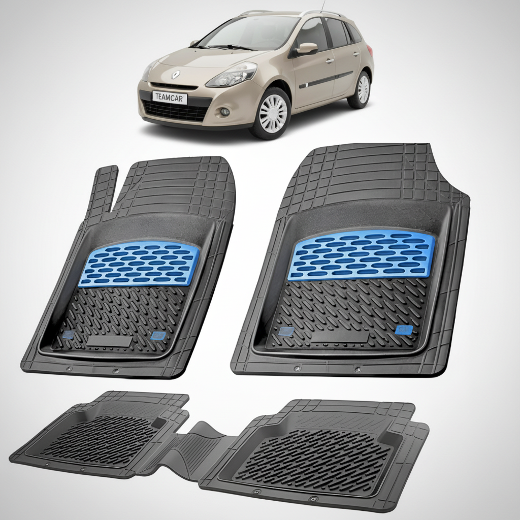 set de covorase din cauciuc negre cu accente albastre cu o renault clio iii estate grandtour bej in fundal